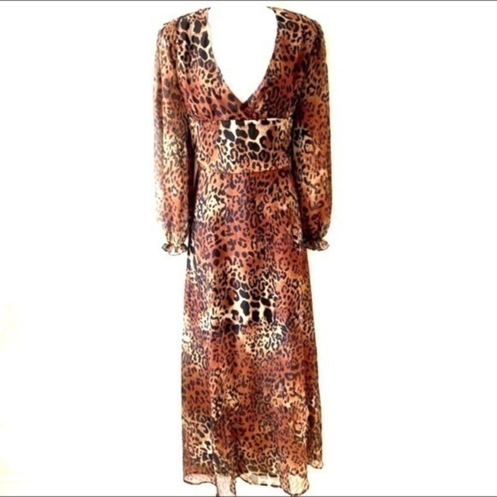 NWOT Leopard Print Long Sleeve Plunge V-neck Sheer Maxi Dress M